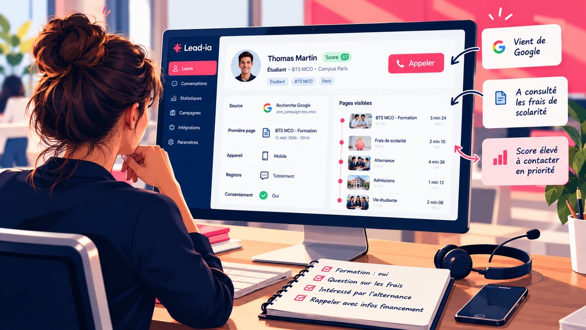Illustration aux couleurs Lead-ia : une conseillère admissions consulte la fiche d'un candidat avant de l'appeler