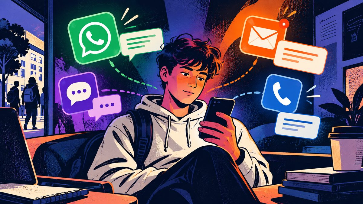 Illustration aux couleurs Lead-ia : un lycéen hésite entre plusieurs canaux pour contacter une école